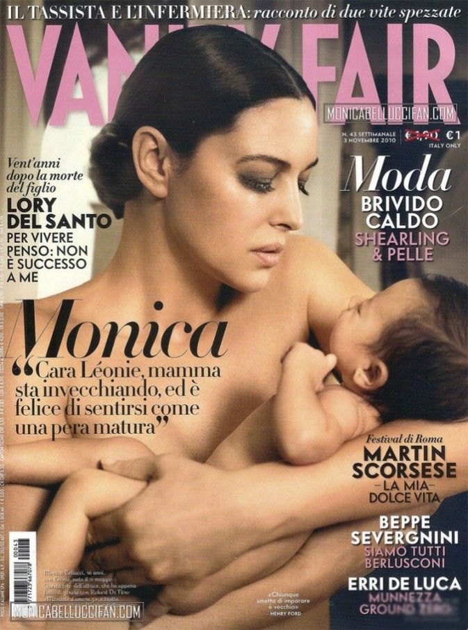 莫妮卡·贝鲁奇抱着刚出生不久的小女儿Leonie Cassel登上意大利版《名利场》封面，纵然女神有千百种风 情，这样低眉善目的慈母绝对是最动人的一种。