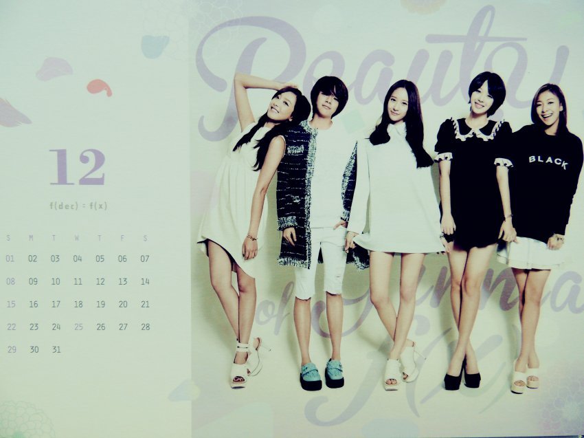 韩国人气女子组合f(x)2013新年台历曝光了!宋茜、Krystal、LUNA、雪莉、Amber五位成员戴花出镜变身“花仙子”，多页写真显得格外娇艳欲滴。