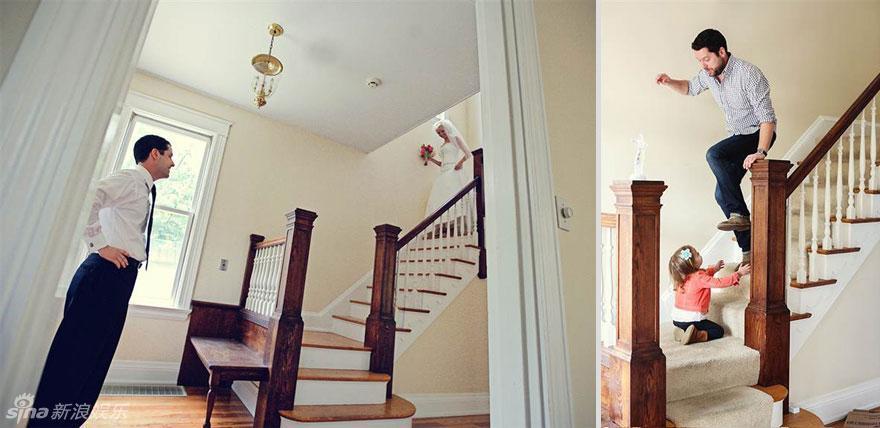 左：2009年，Ben看着自己的新娘Ali从楼梯上走下来。右：2013年，Ben和女儿Olivia在同样的楼梯玩耍。