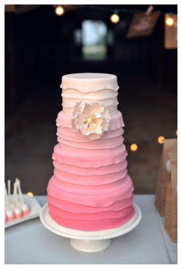 这样的渐变蛋糕，谁看了不会心动呢。颜色一层一层，像一条漂亮的裙子，有层次而美丽，如果在你一生中那次最重要的婚礼上有这么一个渐变蛋糕，那不是更加完美吗?