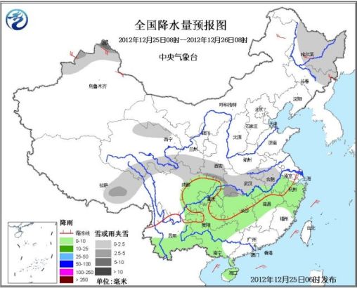 1. 新疆北部有明显降雪 未来三天，新疆北部和西部多降雪，其中，阿勒泰、伊犁河谷、沿天山北部等地的部分地区有中到大雪，局地暴雪。 2. 南方地区有较强降水 25～27日，受南支槽东移影响，西南地区东部、黄淮、江汉、江淮、江南、华南等地有大范围降水天气过程。黄淮东部、江淮北部、江汉中南部、江南西北部等地的部分地区有中到大雪;广西北部、湖南南部、江西、浙江等地的部分地区有中到大雨，局地暴雨。 未来三天具体预报 25日08时至26日08时，新疆西北部、东北地区中北部、祁连山区、青藏高原中部、西北地区东南部、江汉、江淮西部等地有小到中雪或雨夹雪，其中，新疆阿勒泰部分地区有大到暴雪;西南地区东部、云南南部、江南大部、华南西部等地有阵雨或小雨。新疆北部、内蒙古东北部、东北地区中北部等地有4～6级风。南海东北部有7～8级、阵风9级的东北风，渤海、渤海海峡、黄海大部有6～7级、阵风8级的偏北风。 26日08时至27日08时，新疆北部和东部、陕西南部、黄淮大部、江汉、江淮西部、湖南北部等地有小到中雪或雨夹雪，其中，新疆阿勒泰山区和沿天山北部、江淮西北部、江汉中南部等地的部分地区有大雪;西南地区东部和南部、江南、华南、江淮东部等地有小到中雨或阵雨，其中广西东北部、湖南西南部等地的部分地区有大雨。新疆北部和东部、内蒙古西部、甘肃中西部等地有4～6级风，新疆山口地区风力可达8～9级。台湾海峡、南海东北部有7～8级、阵风9级的东北风。 27日08时至28日08时，内蒙古中西部、甘肃大部、宁夏、陕西、黄淮、江淮西部、江汉、江南西北部等地有小到中雪或雨夹雪，其中黄淮东部、江淮北部、江汉中南部、江南西北部等地的部分地区有大雪;江南大部、华南大部、江淮东部等地有中到大雨，局部地区暴雨。新疆东部、内蒙古中西部、西北地区中东部等地有4～6级风。东海、南海东北部有6～8级，阵风9级的偏东风。