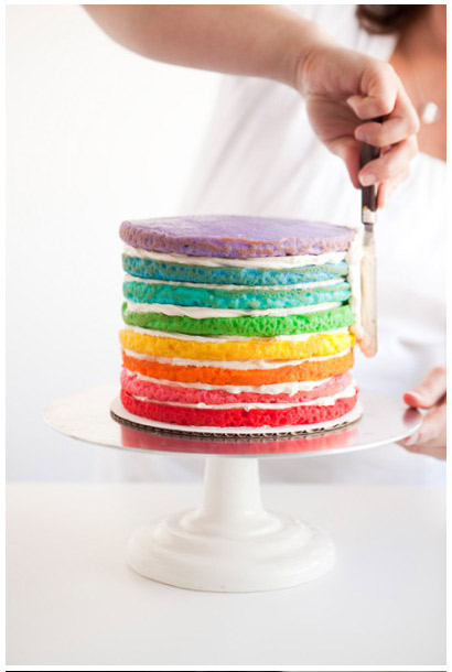 五颜六色的彩虹蛋糕，你能抵挡住它色彩的诱惑吗?红、橙、黄、绿、青、蓝、紫，当彩虹的颜色出现在食物上的时候，是一幅多么美丽的画面。