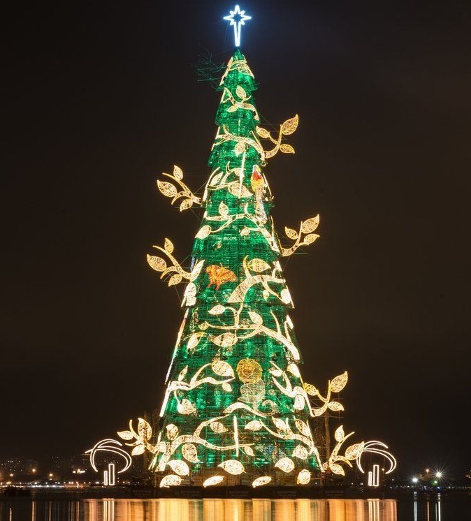 巴西里约为世界最大“水上圣诞树”举行亮灯仪式 当地时间2013年11月30日，巴西里约热内卢，世界最高“水上圣诞树”亮灯仪式举行。据悉，这棵高85米的圣诞树上悬挂了3百万只小型灯，并成为世界最高水上圣诞树。圣诞节氛围越来越浓，期待今年的圣诞能是一个白色圣诞吧!
