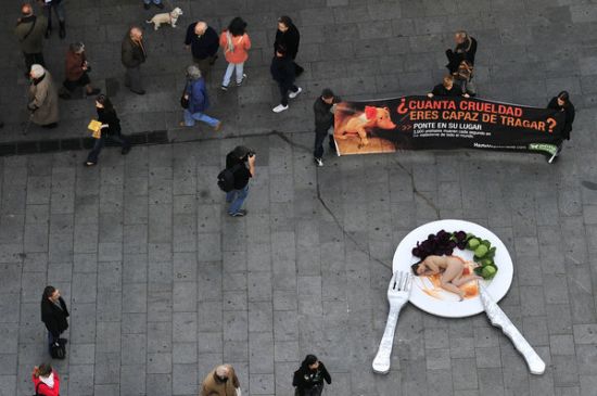 西班牙“裸体午餐”抗议食肉 上演讽刺行为艺术 西班牙动物权利保护激进人士为宣扬素食主义在巴塞罗那街道上演了一场震撼的行为艺术“裸体午餐”，以此抗议人类残酷杀害动物以获取皮草、食肉的行为。对于此现象，众人也是褒贬不一。 西班牙动物权利保护激进人士为宣扬素食主义在巴塞罗那街道上演了一场震撼的行为艺术“裸体午餐”，以此抗议人类残酷杀害动物以获取皮草、食肉的行为。 画面中，赤裸的男、女躺在巨大的圆盘子上，身边搭配着刀叉和整颗蔬菜，还撒着类似番茄酱的物质，逼真的午餐效果无不让路人目瞪口呆，驻足欣赏。当然，对于此现象，众人也是褒贬不一。 有网友认为该行为艺术十分奏效，能够激起他的共鸣，令他印象深刻。有的网友将此景与史前食人主义和当代消费主义结合起来议论，意识到人类对待动物的不公行为。