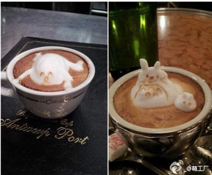 日本大阪一位咖啡师的3D拿铁拉花，跃然咖啡之上!太萌了! 好具观赏价值，不舍得喝了!