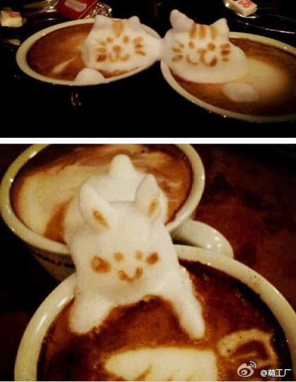 日本大阪一位咖啡师的3D拿铁拉花，跃然咖啡之上!太萌了! 好具观赏价值，不舍得喝了!