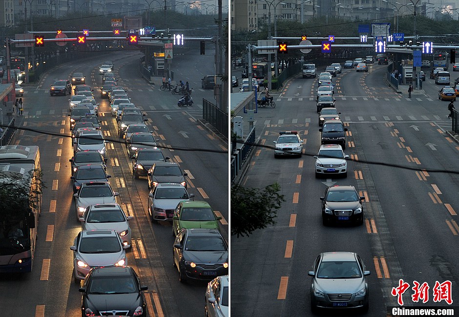 北京首条“潮汐车道”正式开通 9月12日下午，为了应对晚高峰的出行，科学引导与缓解交通压力，北京市首条潮汐车道正式开通。从12日开始，每日晚高峰17点到20点期间，北京朝阳路京广桥至慈云寺桥主路进城方向的一条社会车道改为出城方向机动车使用，其余时段维持现状通行。图左为潮汐车道开通后两条车道供社会车辆出城，图右为9月11日暂未开通潮汐车道时的车流。