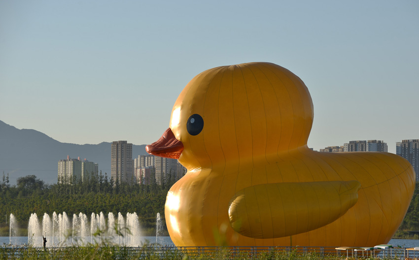 9月24日，一名游客在大黄鸭附近拍照留念。