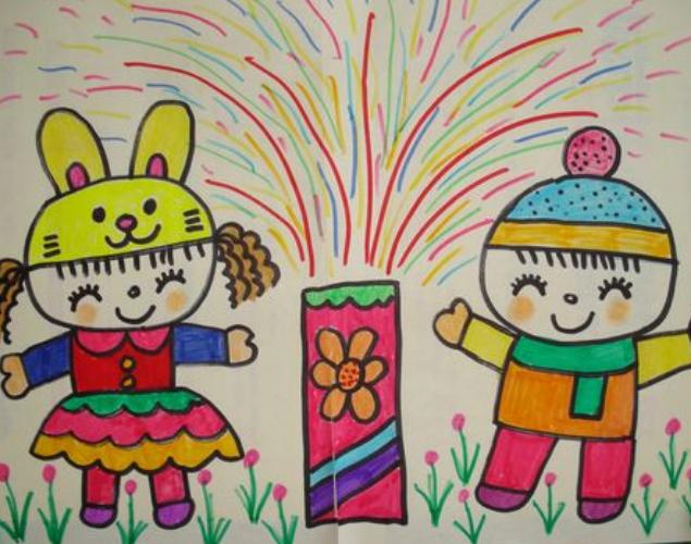 过年放烟花的儿童画怎么画春节小朋友放烟花的画