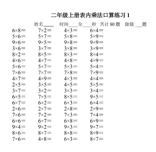 二年级上册数学表内乘法口算练习题10套免费下载