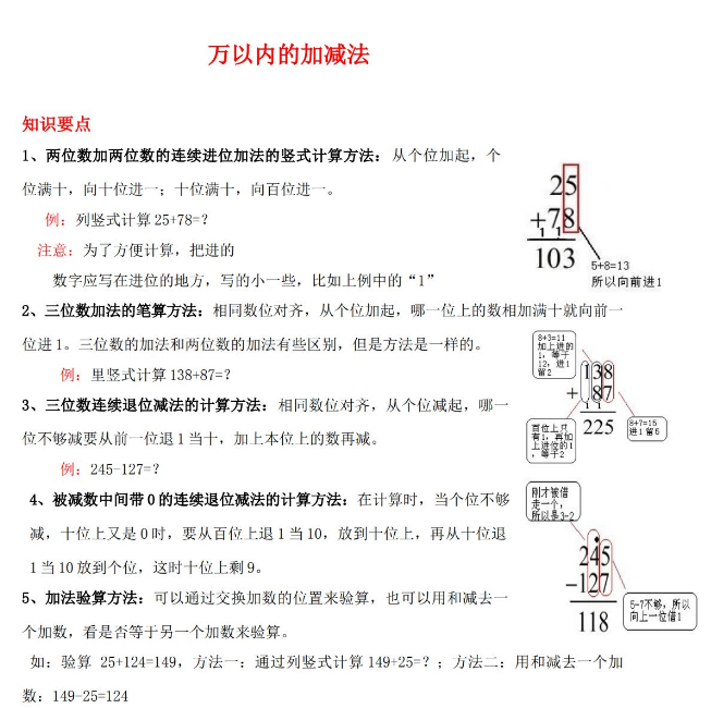 三年级数学万以内的加减法知识点整理及练习免费下载