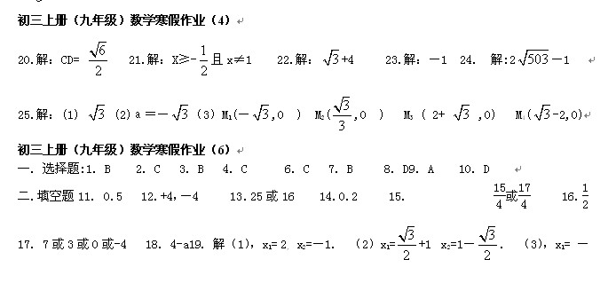 初三上册（九年级）数学寒假作业参考答案