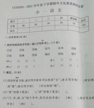 河南许昌2020-2021学年一年级语文下册期中文化素质调研试卷pdf资源下载