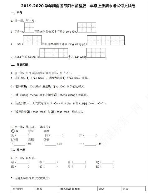 湖南省邵阳市2019-2020学年二年级语文上册期末试卷资源免费下载