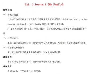 二年级英语上册Unit 1 Lesson 1《My Family》教案文档资源