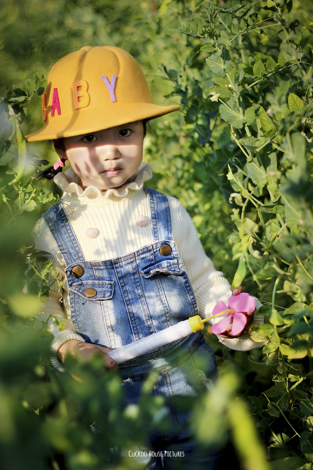 可爱的小姑娘，戴着一个黄帽子，小小的身子穿梭在田野中，提着篮子的她能够看出非常喜欢这种春天绿色的味道呢。如此真实的写真图片，为孩子的成长记上永久的美好回忆。