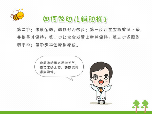 爸爸妈妈希望宝宝拥有一个健康的体魄，健身的身材以及强大的体能，要想达到这一个目标，坚持让宝宝做幼儿辅助操是一个很不错的选择哦。图说将宝宝要做的动作详细的解说了呢，赶紧给你的宝宝试试吧。