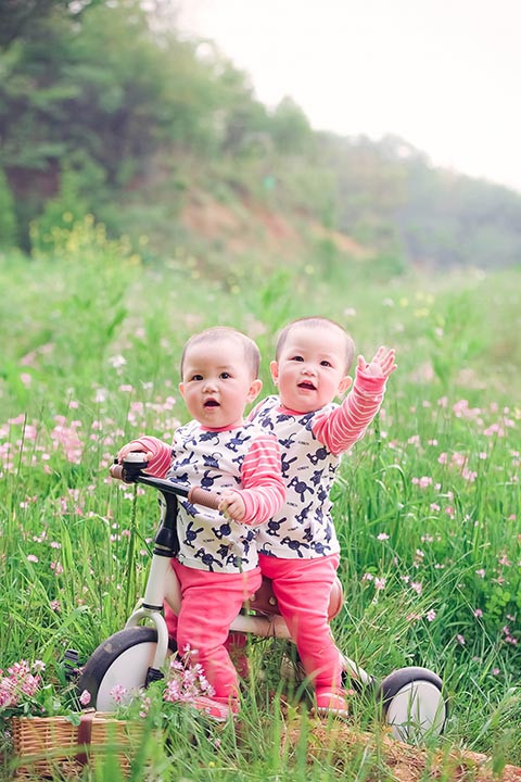 绿色草地里的双胞胎图片，两个人很是相似哟，小编傻傻分不清。生了一对双胞胎相信一定是件非常开心的事情，看着小宝宝慢慢长大，可爱迷人的样子无比的萌哟~~如此小宝宝你看着喜欢么~~