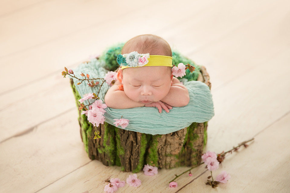 萌萌哒可爱的小宝宝图片，粉色的桃花包裹着她，才出生12天的她睡在花蹲上的样子超级的可爱哟。清新好看的图片无比的养眼啊。如此超级可爱的小萌娃你看着喜欢么~~