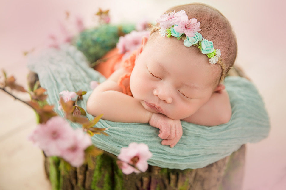萌萌哒可爱的小宝宝图片，粉色的桃花包裹着她，才出生12天的她睡在花蹲上的样子超级的可爱哟。清新好看的图片无比的养眼啊。如此超级可爱的小萌娃你看着喜欢么~~