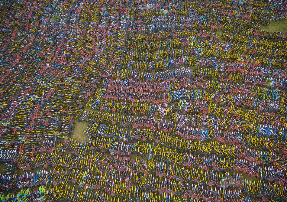 上万辆共享单车被弃荒野 看似“乱葬岗”