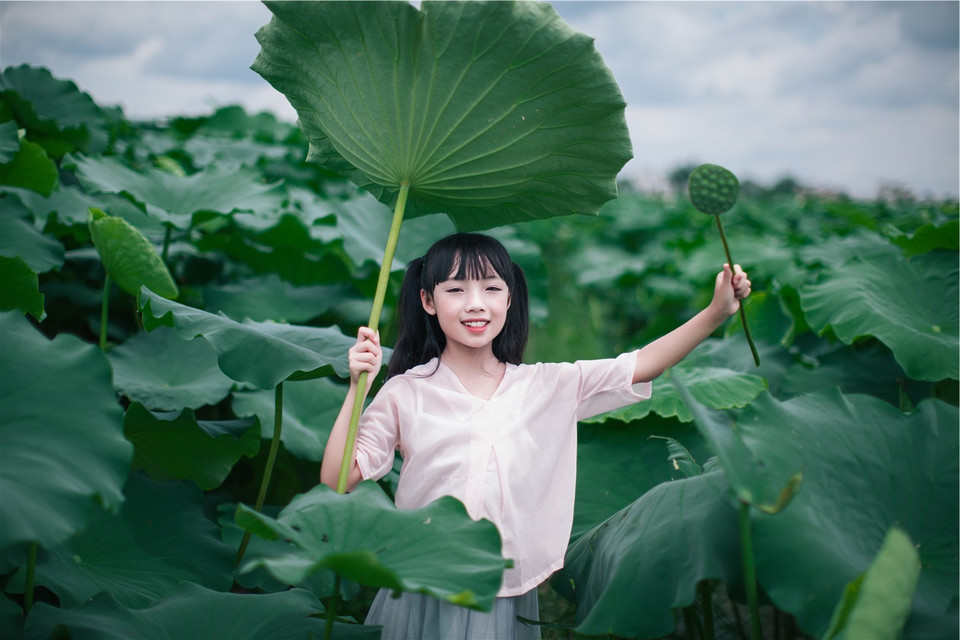 甜美可爱小女孩荷叶池写真图片