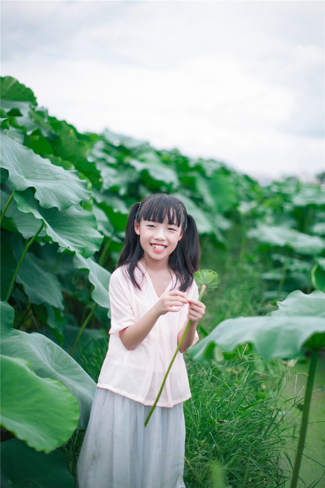 甜美可爱小女孩荷叶池写真图片