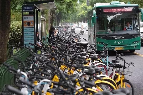 杭州一公交车站被共享单车包围