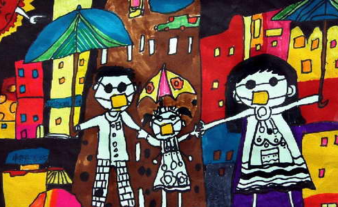 冠状病毒戴口罩儿童画 抗击疫情戴口罩儿童画