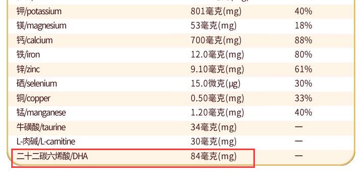 根据海普诺凯孕妇奶粉的营养成分表中显示,含有dha,dha中文名是二十二