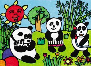 竹林里的大熊猫儿童画 吃竹子的大熊猫儿童画1