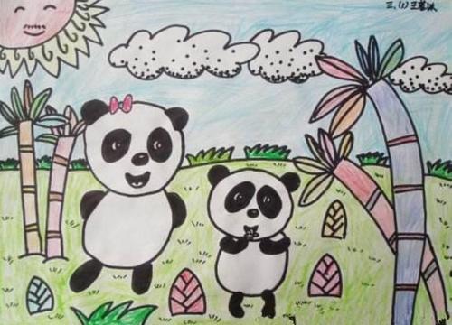 竹林里的大熊猫儿童画 吃竹子的大熊猫儿童画4
