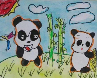 竹林里的大熊猫儿童画 吃竹子的大熊猫儿童画8