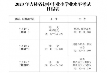 2020吉林中考时间安排1