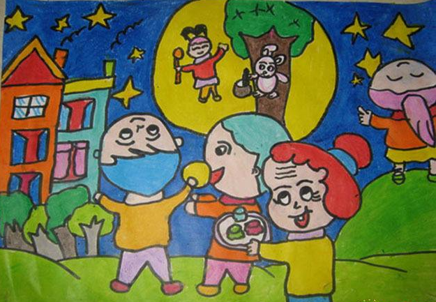 中秋赏月儿童画小学四年级9