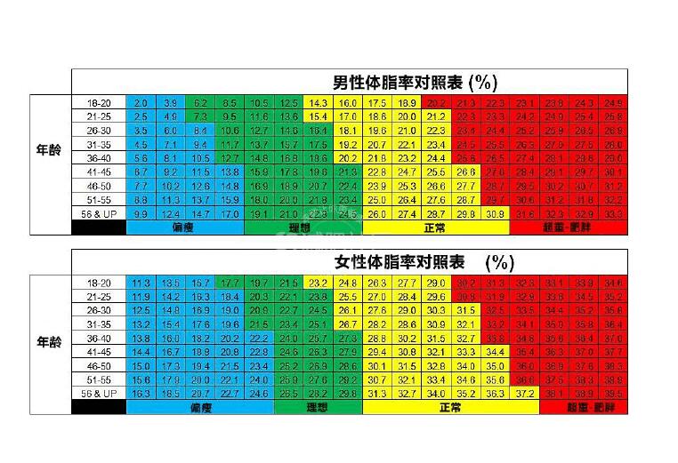 体脂率对照表及计算方法