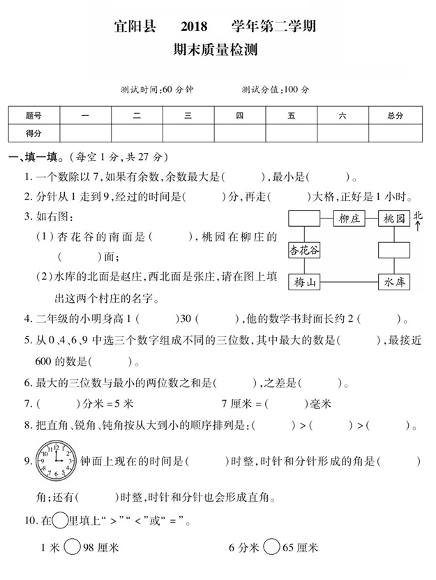 2020年苏教版二年级下册数学期末测试卷十三电子版免费下载