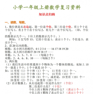 小学一年级上册数学复习提纲和知识点