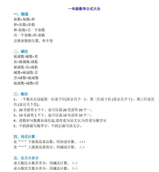 小学一年级上册数学公式大全电子版免费下载