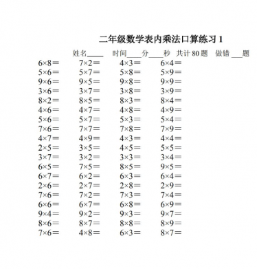 二年级数学表内乘法练习题10套人教版