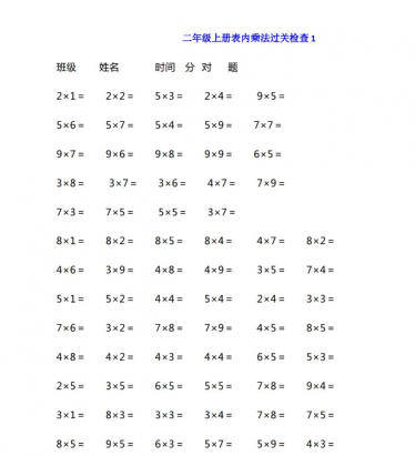 二年级数学上册表内乘法过关检查题免费下载