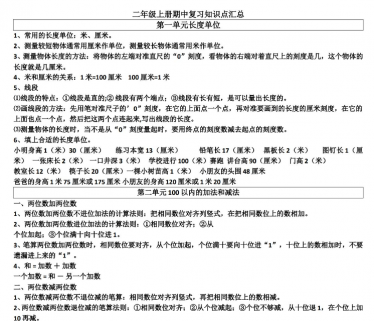 小学二年级数学上册1-4单元知识小结免费下载