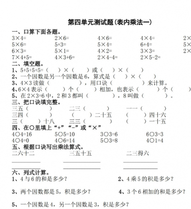 二年级上册数学第四单元《表内乘法(一)》单元测试免费下载