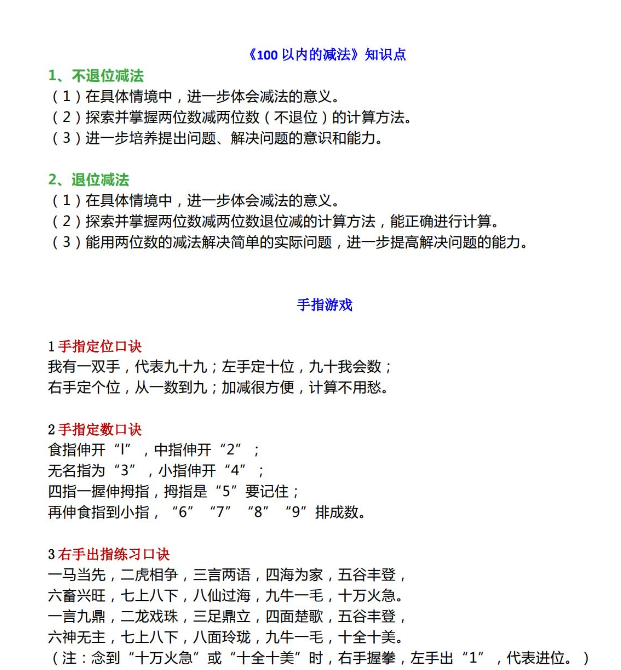 人教版二年级上册数学《100以内的减法》手指速算口诀+练习题免费下载