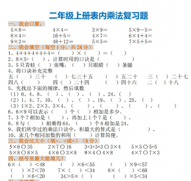 二年级上册表内乘法巩固练习题免费下载