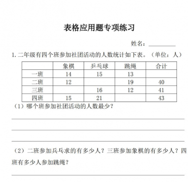 北师大版二年级上册数学表格应用题专项练习免费下载