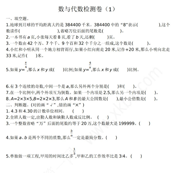 2021年人教版六年级数学下册数与代数期末复习题及答案一免费下载