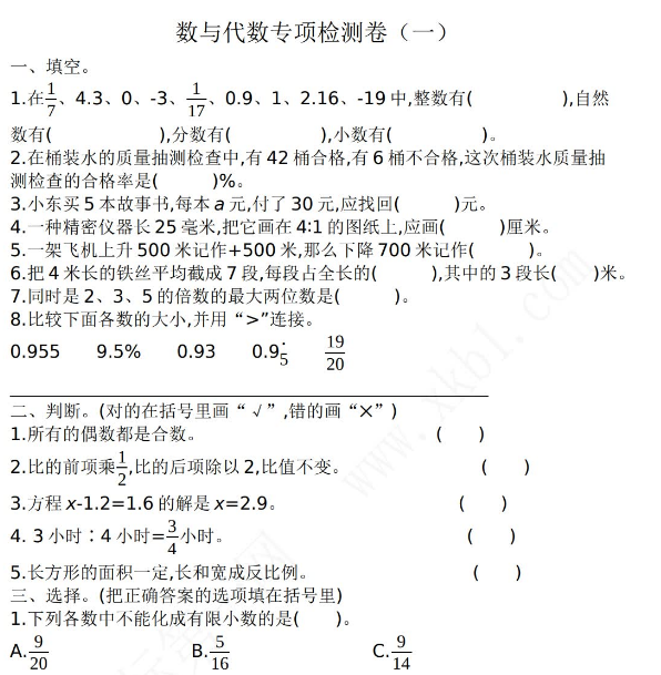 2021年北京版小升初数与代数专项复习题及答案二免费下载