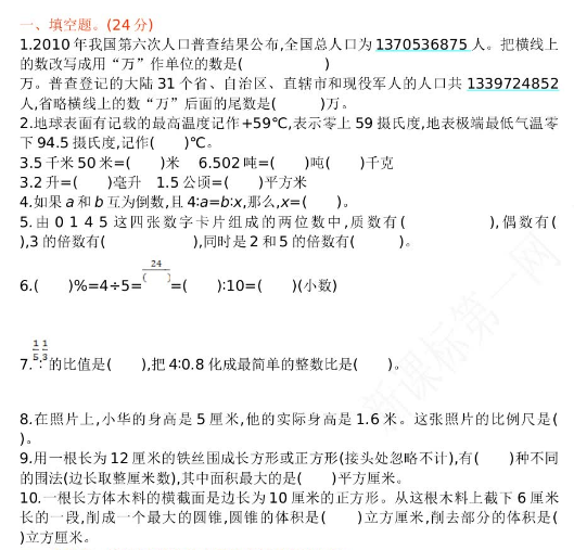 2021年苏教版六年级数学下册第六单元测试题及答案一免费下载