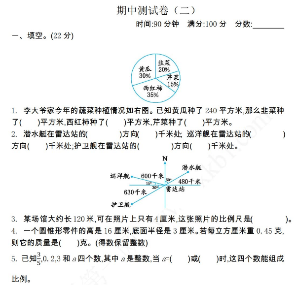 2021年苏教版六年级数学下册期中测试题及答案二免费下载